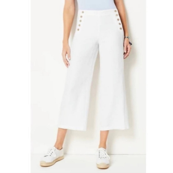 Jill Linen Stretch White Sailor Wide Leg Capri Pants